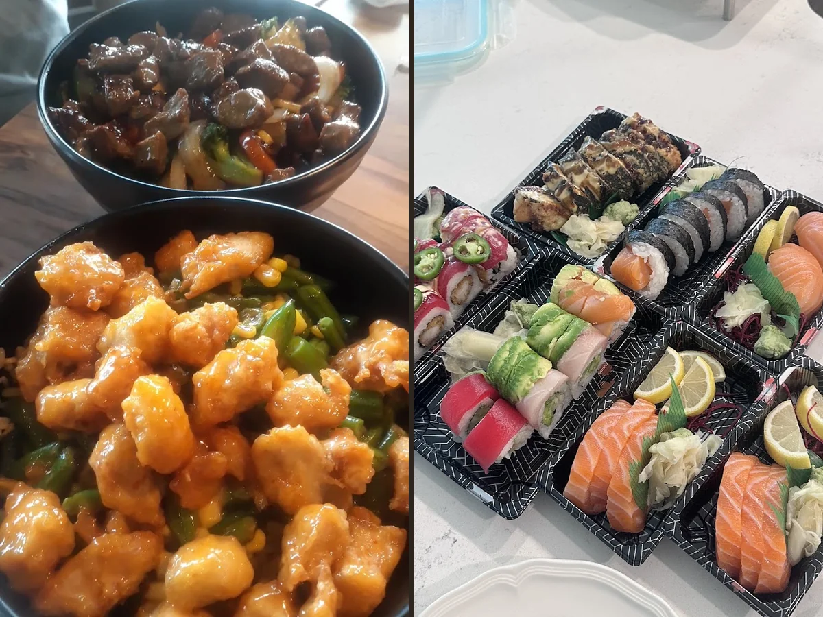 A menu spread with sushi and salad.