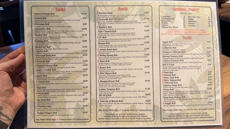 Japanese menu listing sashimi and nigiri.