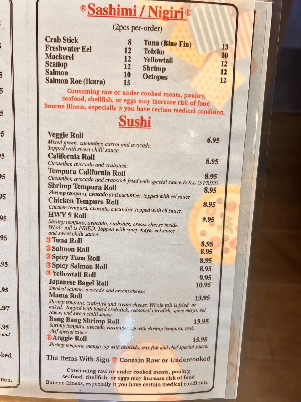 Restaurant menu showing assorted sushi items.